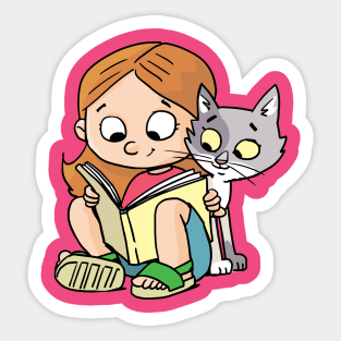 girl reads a picture book and a cat peeks into it Sticker